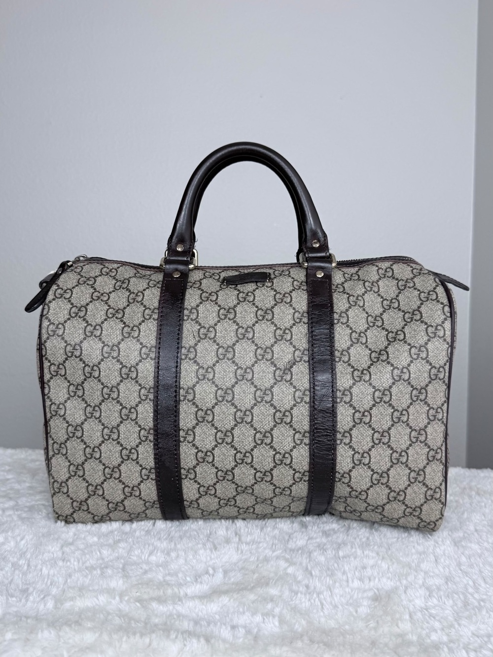 Gucci Boston Beige GG Canvas Duffel with Dark Brown Leather Trim